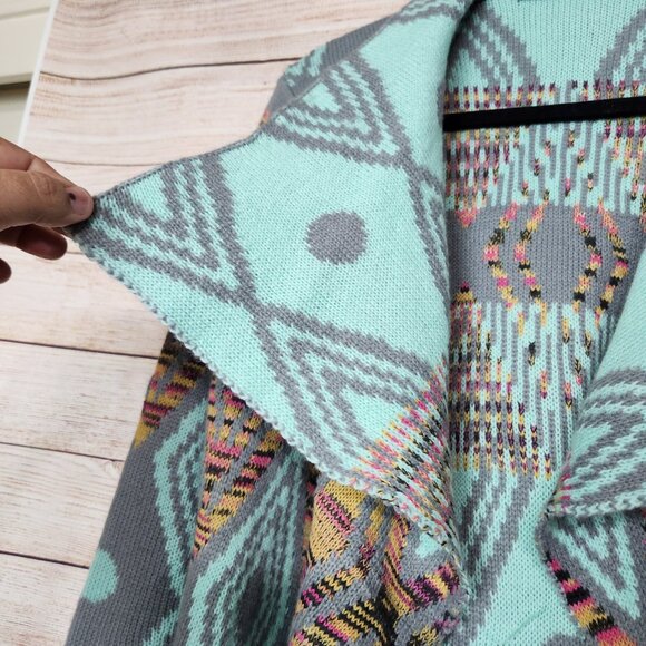 Andrade Open Cardigan Jacket Women's One Size Teal Aztec Print Cotton Polyester - Picture 3 of 14